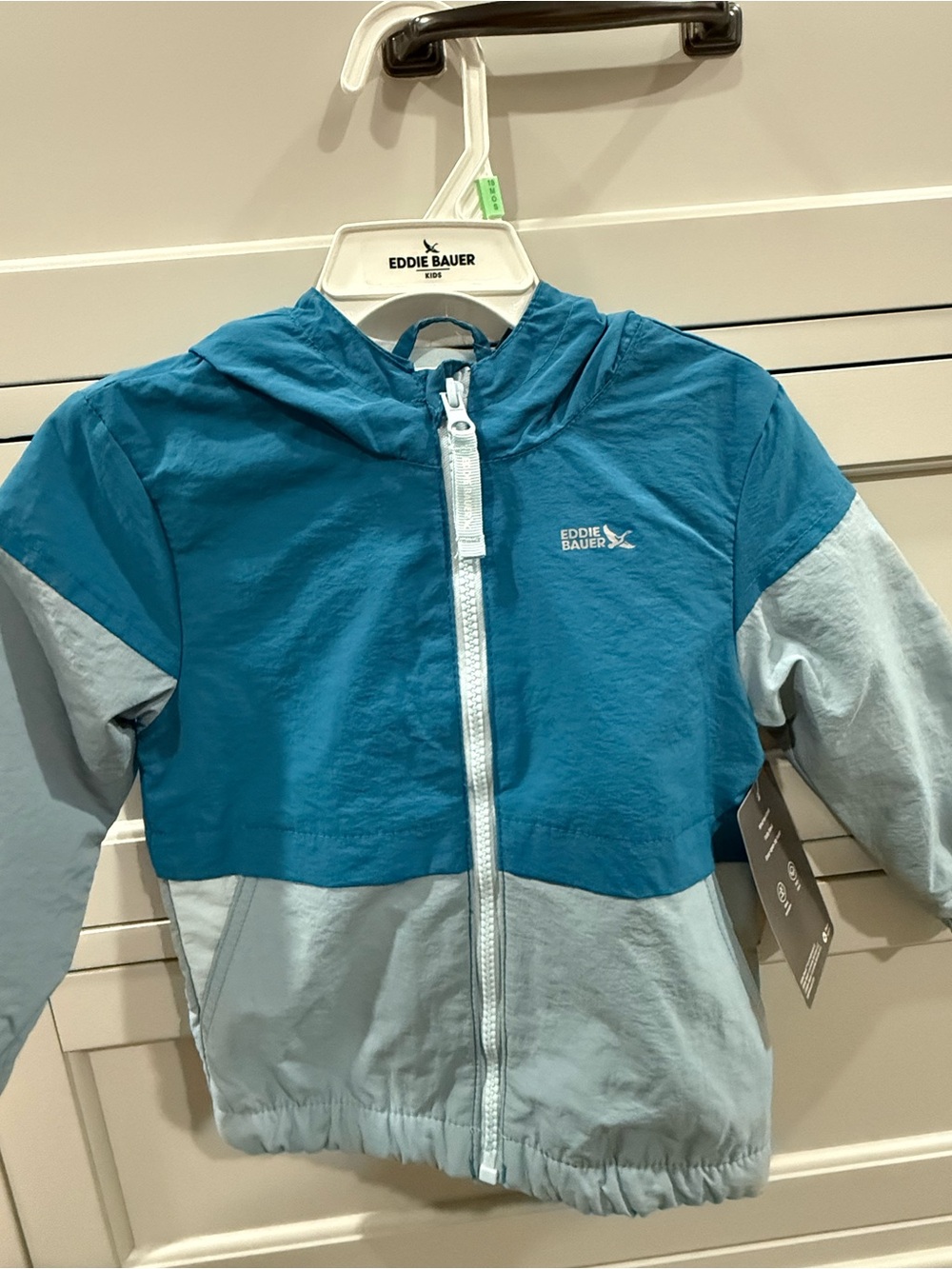 Eddie Bauer Teal and Light Blue Hooded Colorblock Windbreaker - Kids Size 18M